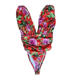 NWT ZARA Womens Bodysuit Size Small Red Floral Stretch Deep V Neck‎ Sleeveless
